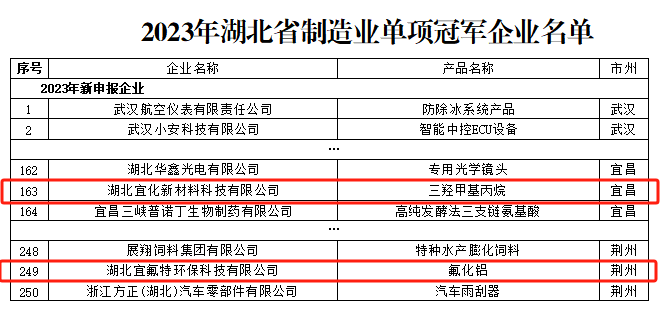 宜化新材料、宜氟特環(huán)保公司獲評2023年湖北省制造業(yè)單項冠軍企業(yè)(圖1)